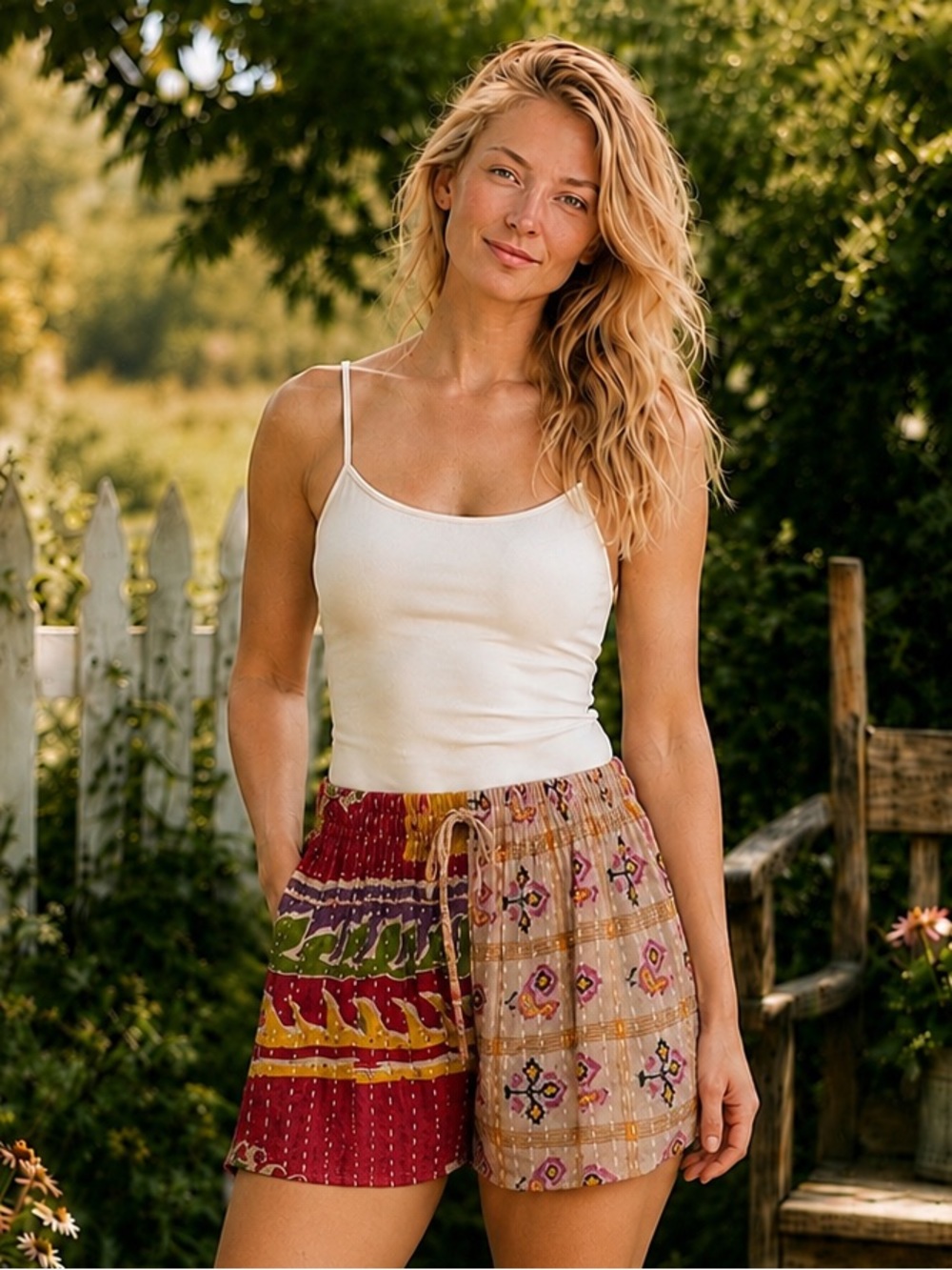 WEVEZ Kantha Patchwork Shorts One Size NWT Boho Elastic Waist